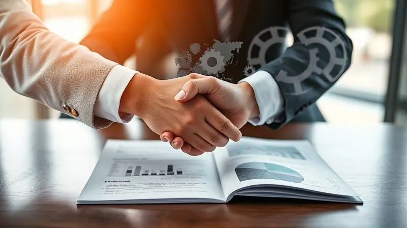 A photorealistic image of two diverse business professionals shaking hands over a table where a detailed impact report is open, demonstrating collaboration and agreement. A transparent overlay of interconnected gears or a network diagram subtly hovers above, symbolizing integrated strategy. Cinematic lighting, professional photography, 8K, sharp focus on the handshake and report, depth of field blurring the background, shot on a high-end DSLR, conveying trust and partnership.
