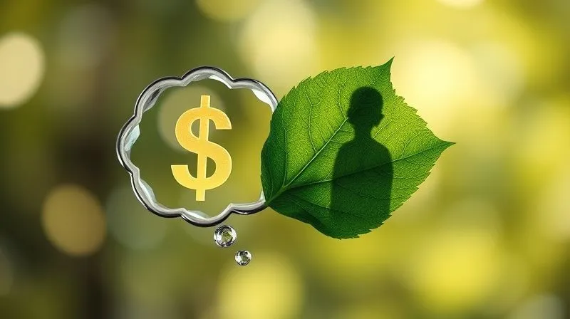 A photorealistic image of two distinct thought bubbles merging: one with a dollar sign, the other with a green leaf and a human silhouette. Professional photography, 8K, cinematic lighting, sharp focus on the merging bubbles, depth of field blurring the background, shot on a high-end DSLR.