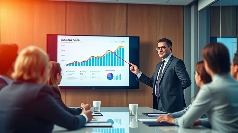 A photorealistic image of a confident business leader presenting a data-rich report on a large screen to a group of executives in a modern boardroom. The presenter holds a laser pointer, highlighting a positive trend. Professional photography, 8K, cinematic lighting, sharp focus on the presenter and screen, depth of field blurring the audience, shot on a high-end DSLR.