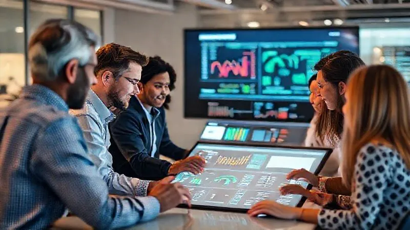 A photorealistic, professional photography, 8K, cinematic lighting, sharp focus, depth of field, shot on a high-end DSLR, depicting a diverse team of data professionals and business users collaboratively working around a large interactive screen, discussing data quality metrics and governance policies with positive engagement. The scene emphasizes teamwork and shared responsibility for data success.