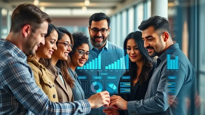 A photorealistic image of a diverse group of employees collaborating around a modern touchscreen interface, displaying charts and graphs indicating increased productivity and innovation. Cinematic lighting, sharp focus on the team's engaged faces, depth of field blurring the background. Shot on a high-end DSLR, 8K hyper-detailed, professional photography.