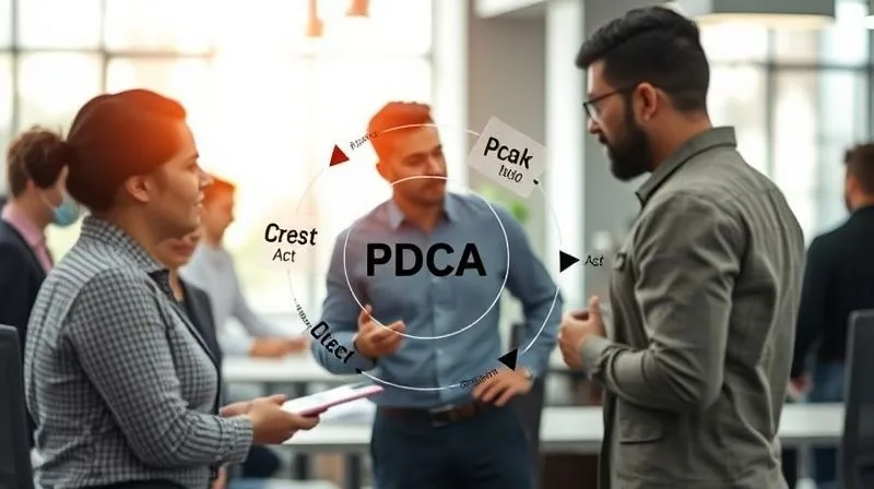 A photorealistic image of a continuous improvement cycle diagram (PDCA: Plan, Do, Check, Act) overlaid on a modern office environment, with diverse employees actively engaged in discussions and data analysis. Cinematic lighting, sharp focus on the diagram and engaged faces, depth of field blurring the background. Shot on a high-end DSLR, 8K hyper-detailed, professional photography.