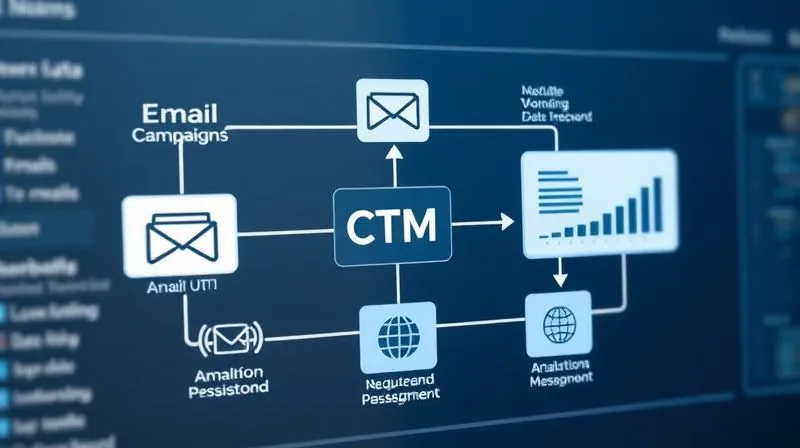 A photorealistic 3D diagram illustrating data flow from email campaigns through UTM parameters to a CRM and analytics dashboard, showing clear connections and data points. Professional photography, 8K, cinematic lighting, sharp focus, depth of field. A photorealistic 3D diagram illustrating data flow from email campaigns through UTM parameters to a CRM and analytics dashboard, showing clear connections and data points. Professional photography, 8K, cinematic lighting, sharp focus, depth of field.