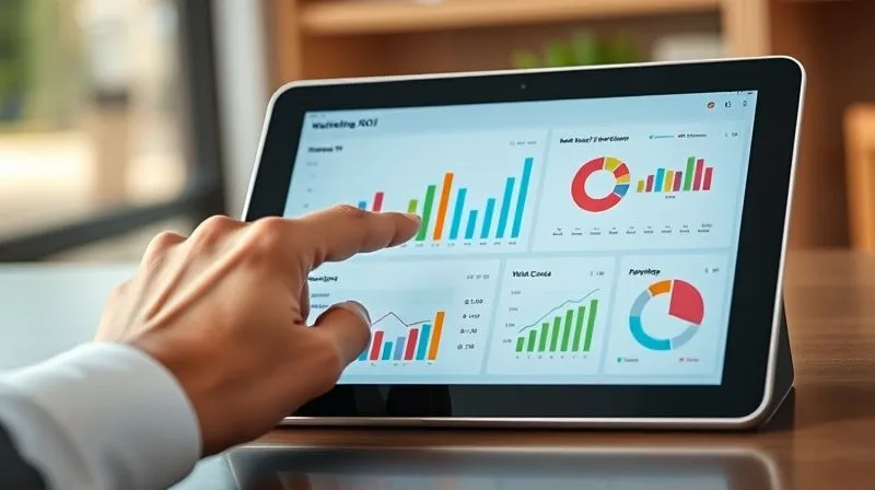 A photorealistic image of a sleek, modern tablet displaying a clear, professional marketing ROI dashboard with various colorful charts and graphs (bar, line, pie). A hand is pointing to a specific data point, emphasizing key insights. Professional photography, 8K, cinematic lighting, sharp focus on the tablet screen, depth of field blurring the background. A photorealistic image of a sleek, modern tablet displaying a clear, professional marketing ROI dashboard with various colorful charts and graphs (bar, line, pie). A hand is pointing to a specific data point, emphasizing key insights. Professional photography, 8K, cinematic lighting, sharp focus on the tablet screen, depth of field blurring the background.