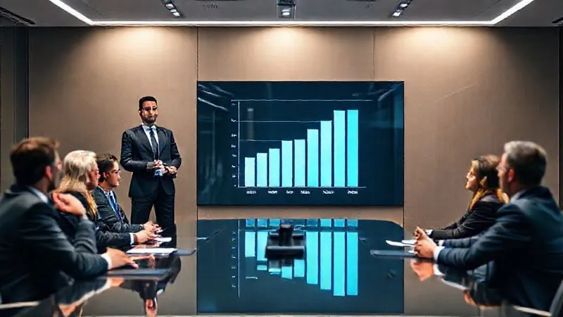 A photorealistic, dynamic boardroom presentation scene. A professional HR consultant, dressed in business attire, stands confidently beside a large, transparent screen displaying a sharp, minimalist bar chart showing a significant increase in ROI. The chart uses clear, bold numbers and a professional color scheme. Executives are seated around a sleek conference table, their expressions ranging from attentive to impressed. The lighting is bright and professional, highlighting the presentation. Professional photography, 8K, cinematic lighting, sharp focus on the consultant and screen, depth of field blurring the background, shot on a high-end DSLR. A photorealistic, dynamic boardroom presentation scene. A professional HR consultant, dressed in business attire, stands confidently beside a large, transparent screen displaying a sharp, minimalist bar chart showing a significant increase in ROI. The chart uses clear, bold numbers and a professional color scheme. Executives are seated around a sleek conference table, their expressions ranging from attentive to impressed. The lighting is bright and professional, highlighting the presentation. Professional photography, 8K, cinematic lighting, sharp focus on the consultant and screen, depth of field blurring the background, shot on a high-end DSLR.