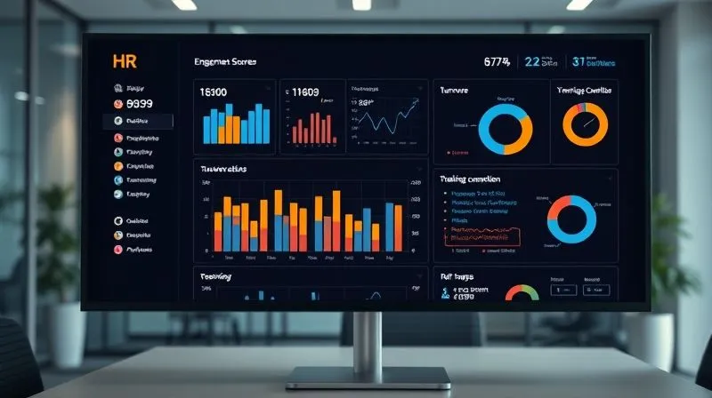 A photorealistic image of a detailed dashboard displaying various HR metrics like engagement scores, turnover rates, and training completion, visualized as clean bar charts, line graphs, and pie charts. The screen is glowing subtly in a modern, minimalistic office setting. 8K, cinematic lighting, sharp focus on the data, depth of field blurring the background, professional photography.