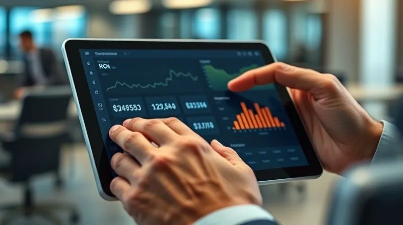 A photorealistic close-up of hands manipulating a digital dashboard on a tablet, showing financial graphs and ROI calculations clearly. The background is a blurred, dynamic office environment, suggesting quick decision-making. 8K, cinematic lighting, sharp focus on the tablet screen, depth of field, professional photography.