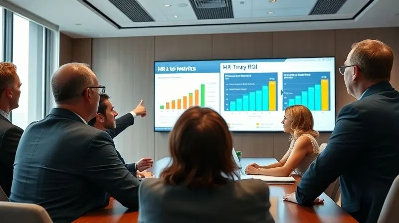A photorealistic, professional photography, 8K, cinematic lighting, sharp focus, depth of field, shot on a high-end DSLR, of a diverse group of executives in a modern boardroom, intently reviewing a presentation on a large screen displaying HR ROI data. One executive points to a key metric, while others nod in agreement, conveying a sense of strategic decision-making and positive reception. The mood is professional and optimistic.