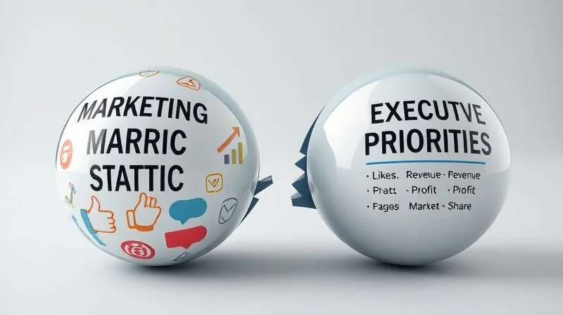 A photorealistic 3D infographic showing two distinct spheres: one labeled 'Marketing Metrics' with icons for likes, shares, traffic, and another labeled 'Executive Priorities' with icons for revenue, profit, market share. A broken bridge or a large gap exists between the two spheres, symbolizing a disconnect. Professional photography, 8K, cinematic lighting, sharp focus, depth of field, shot on a high-end DSLR. A photorealistic 3D infographic showing two distinct spheres: one labeled 'Marketing Metrics' with icons for likes, shares, traffic, and another labeled 'Executive Priorities' with icons for revenue, profit, market share. A broken bridge or a large gap exists between the two spheres, symbolizing a disconnect. Professional photography, 8K, cinematic lighting, sharp focus, depth of field, shot on a high-end DSLR.