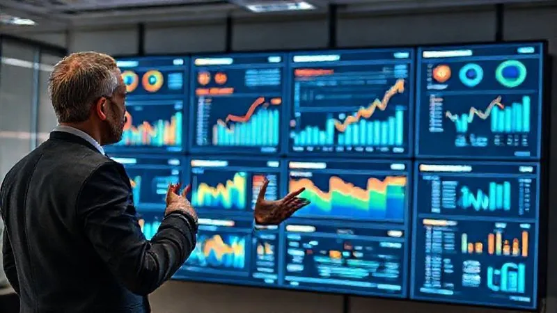 A photorealistic image of a sleek, modern data dashboard displayed on multiple large monitors in a professional office setting. The dashboard features clear, colorful charts and graphs illustrating ROI, customer journey stages, and campaign performance. Two business professionals are in the foreground, gesturing towards the screen, engaged in a discussion. Professional photography, 8K, cinematic lighting, sharp focus on the dashboard and the professionals, depth of field blurring the background, shot on a high-end DSLR, conveying insight and communication. A photorealistic image of a sleek, modern data dashboard displayed on multiple large monitors in a professional office setting. The dashboard features clear, colorful charts and graphs illustrating ROI, customer journey stages, and campaign performance. Two business professionals are in the foreground, gesturing towards the screen, engaged in a discussion. Professional photography, 8K, cinematic lighting, sharp focus on the dashboard and the professionals, depth of field blurring the background, shot on a high-end DSLR, conveying insight and communication.