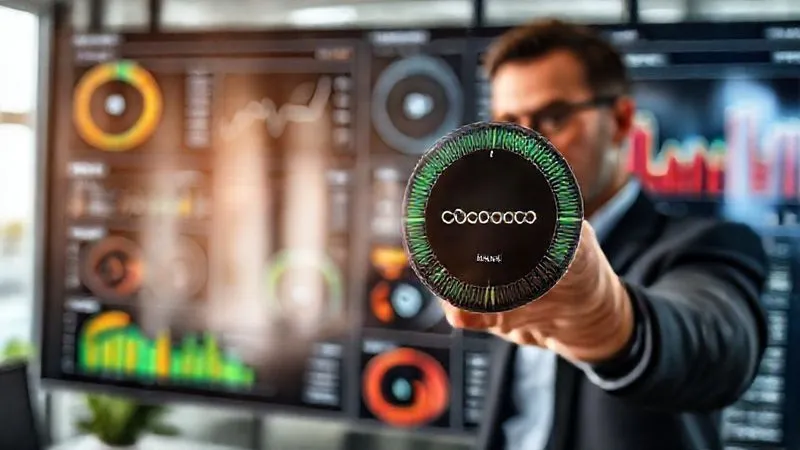 A photorealistic image of a business analyst pointing at a complex dashboard displaying various metrics, with a clear focus on a 'Cost Savings' dial showing significant reduction. Professional photography, 8K, cinematic lighting, sharp focus on the dashboard, depth of field, modern office setting.