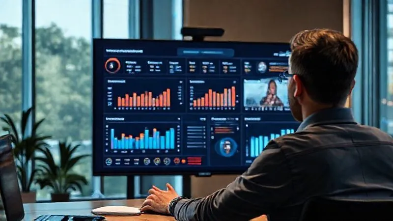 A photorealistic image of a person presenting a professional dashboard on a large screen during a video call, clearly showing positive metrics, project completions, and team collaboration, cinematic lighting, 8K, sharp focus, depth of field, shot on a high-end DSLR. A photorealistic image of a person presenting a professional dashboard on a large screen during a video call, clearly showing positive metrics, project completions, and team collaboration, cinematic lighting, 8K, sharp focus, depth of field, shot on a high-end DSLR.