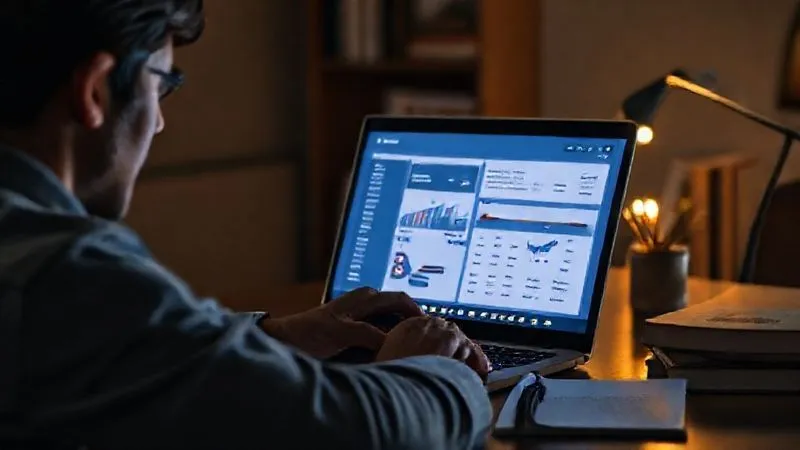 A photorealistic image of a person looking intently at a laptop screen showing a professional online course dashboard, surrounded by a subtle aura of knowledge or growth, with books and a notepad on the desk, cinematic lighting, 8K, sharp focus, depth of field, shot on a high-end DSLR. A photorealistic image of a person looking intently at a laptop screen showing a professional online course dashboard, surrounded by a subtle aura of knowledge or growth, with books and a notepad on the desk, cinematic lighting, 8K, sharp focus, depth of field, shot on a high-end DSLR.