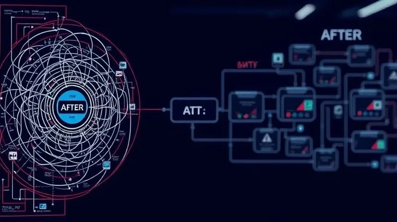 A photorealistic image showing a complex, multi-stage business process flow chart transforming from a tangled, inefficient maze on one side to a streamlined, clear, and fast-moving pipeline on the other. Cinematic lighting highlights the 'after' state, showing smooth data flow and accelerated operations, sharp focus on the improved flow, depth of field blurring the background, 8K hyper-detailed. A photorealistic image showing a complex, multi-stage business process flow chart transforming from a tangled, inefficient maze on one side to a streamlined, clear, and fast-moving pipeline on the other. Cinematic lighting highlights the 'after' state, showing smooth data flow and accelerated operations, sharp focus on the improved flow, depth of field blurring the background, 8K hyper-detailed.