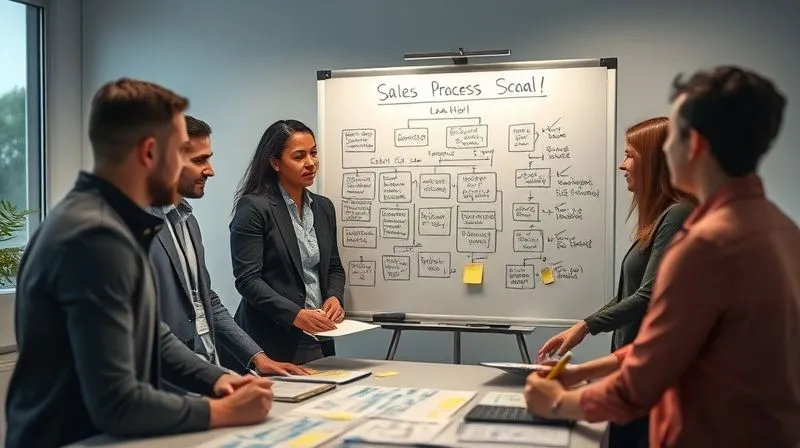 A photorealistic image of a diverse sales leadership team and sales reps collaborating around a whiteboard, sketching out a sales process flow with digital tools and post-it notes, demonstrating strategic planning and consensus building. Cinematic lighting, sharp focus on the whiteboard, depth of field blurring the background. Shot on a high-end DSLR, 8K hyper-detailed, professional photography.