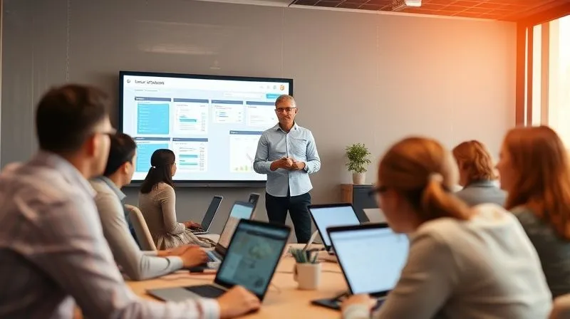 A photorealistic image of a sales trainer leading an interactive workshop for a group of sales reps, who are actively engaged with laptops, demonstrating a sales automation tool. The atmosphere is collaborative and supportive, with clear screens showing software interfaces. Cinematic lighting, sharp focus on the trainer and participants, depth of field blurring the background. Shot on a high-end DSLR, 8K hyper-detailed, professional photography.