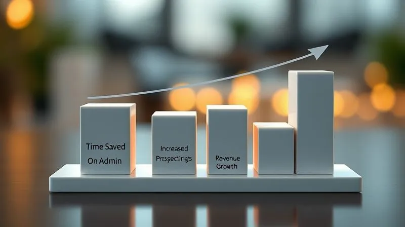 A photorealistic 3D bar chart showing a clear progression of 'Time Saved on Admin' to 'Increased Prospecting Calls' to 'Higher Conversion Rates' and finally 'Revenue Growth', with each bar visually connecting to the next, illustrating the direct correlation of automation to financial outcomes. Cinematic lighting, sharp focus on the data, depth of field blurring the background. Shot on a high-end DSLR, 8K hyper-detailed, professional photography.