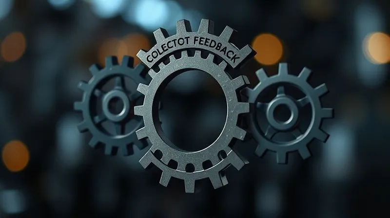 A photorealistic image of a feedback loop visualized as interconnected gears, with each gear labeled: 'Collect Feedback', 'Analyze Data', 'Implement Changes', 'Measure Impact'. The gears are turning smoothly, symbolizing continuous improvement and responsiveness to user input. Cinematic lighting, sharp focus on the gears, depth of field blurring the background. Shot on a high-end DSLR, 8K hyper-detailed, professional photography.