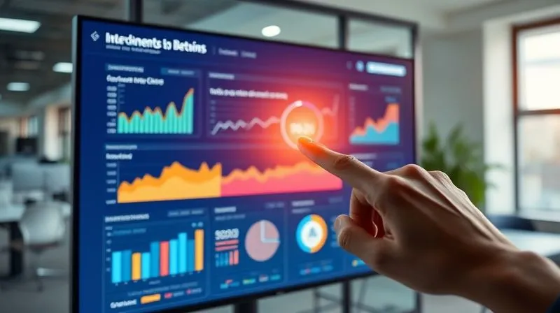 photorealistic, professional photography, 8K, cinematic lighting, sharp focus, depth of field, shot on a high-end DSLR. A vibrant, clean data visualization dashboard displayed on a large monitor in a modern office, showing interconnected metrics of social impact alongside correlating financial benefits. The dashboard uses clear charts, graphs, and a timeline, with a subtle glow of progress. A hand points to a specific metric on the screen, indicating a clear, positive trend, emphasizing the connection between social good and financial health.