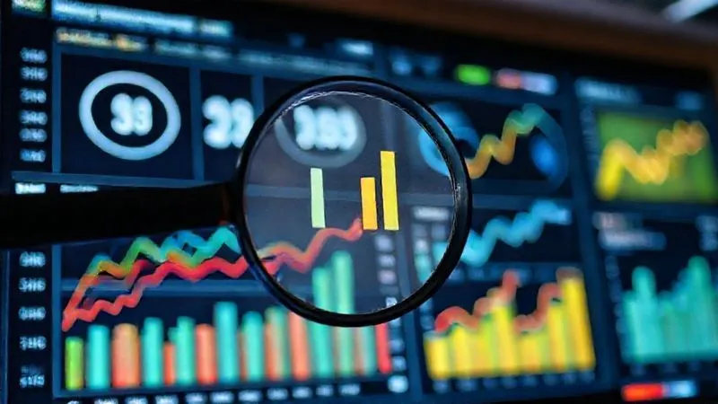 photorealistic, professional photography, 8K, cinematic lighting, sharp focus, depth of field, shot on a high-end DSLR, a dynamic and clean dashboard displaying various social media KPIs with clear, upward-trending graphs, revenue figures prominently displayed, a magnifying glass hovering over a specific data point, symbolizing detailed analysis and insight, in a corporate setting.