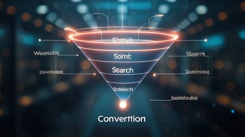 photorealistic, professional photography, 8K, cinematic lighting, sharp focus, depth of field, shot on a high-end DSLR, a complex digital funnel graphic with multiple touchpoints labeled 'Social Media', 'Website', 'Email', 'Search', leading down to a 'Conversion' point, glowing lines connecting the stages, symbolizing attribution and user journey tracking, in a sleek, futuristic interface.
