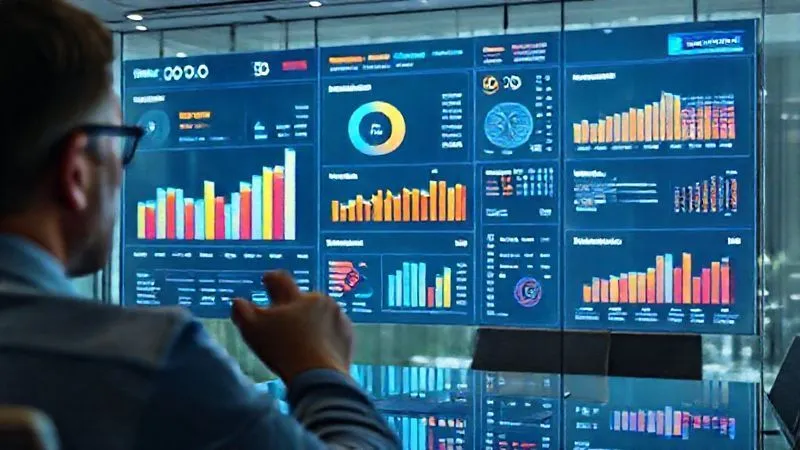 photorealistic, professional photography, 8K, cinematic lighting, sharp focus, depth of field, shot on a high-end DSLR, a vibrant, interactive digital dashboard displaying social media performance metrics, including ROI percentages, lead generation charts, and brand sentiment graphs, presented on a large transparent screen in a modern conference room, with a focused executive observing the clear, impactful visuals.
