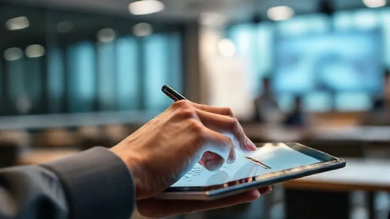 photorealistic, professional photography, 8K, cinematic lighting, sharp focus, depth of field, shot on a high-end DSLR. A person's hand meticulously filling out a digital survey on a tablet, with a blurred background of a modern, professional training room. The screen displays questions related to skill application and behavioral changes, with a progress bar clearly visible. The lighting is bright and focused on the tablet. photorealistic, professional photography, 8K, cinematic lighting, sharp focus, depth of field, shot on a high-end DSLR. A person's hand meticulously filling out a digital survey on a tablet, with a blurred background of a modern, professional training room. The screen displays questions related to skill application and behavioral changes, with a progress bar clearly visible. The lighting is bright and focused on the tablet.
