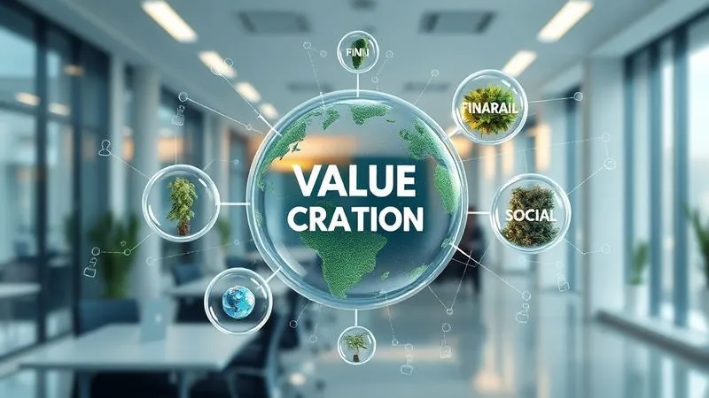 photorealistic, professional photography, 8K, cinematic lighting, sharp focus, depth of field, shot on a high-end DSLR. A complex, transparent 3D infographic showing interconnected spheres representing financial, human, natural, and social capitals, flowing into a central 'value creation' sphere. The background is a modern, clean corporate setting, illustrating the integration of different business aspects.