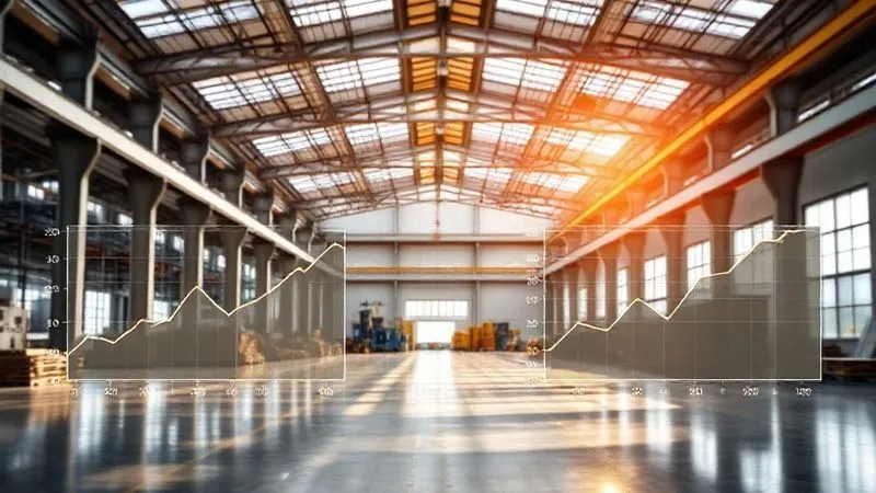 photorealistic, professional photography, 8K, cinematic lighting, sharp focus, depth of field, shot on a high-end DSLR. A modern factory floor bathed in clean, natural light, with solar panels visible on the roof through large windows. Data overlays show declining energy consumption graphs and rising efficiency metrics, emphasizing technological advancement and sustainability.