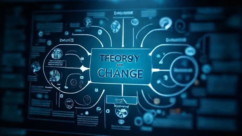 A photorealistic, professional photography, 8K, cinematic lighting, sharp focus, depth of field, shot on a high-end DSLR, depicting a complex but clear infographic diagram illustrating a 'Theory of Change'. The diagram shows interconnected arrows flowing from 'Inputs' to 'Activities', then to 'Outputs', 'Outcomes (Short-term, Medium-term)', and finally to 'Long-term Impact'. Each stage has illustrative icons or abstract representations. The overall image has a sense of strategic planning and clarity, with a subtle glow around the impact stage.