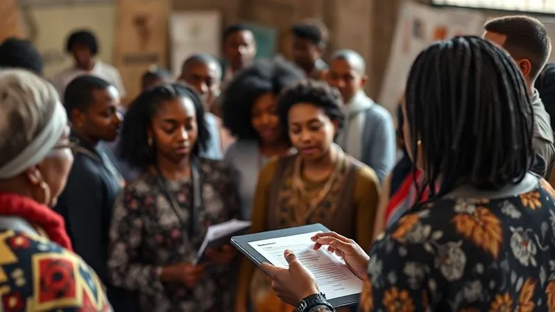 A photorealistic, professional photography, 8K, cinematic lighting, sharp focus, depth of field, shot on a high-end DSLR, depicting a diverse group of people participating in a community project, with a person (representing a researcher or evaluator) discreetly taking notes on a tablet, observing the interactions. The scene is vibrant and shows genuine engagement, with subtle visual cues of data collection in action, such as forms or clipboards in the background.