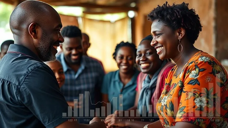 A photorealistic, professional photography, 8K, cinematic lighting, sharp focus, depth of field, shot on a high-end DSLR, depicting a diverse group of people (beneficiaries, volunteers, corporate representatives) smiling and interacting in a community setting, with an overlay of subtle, elegant data visualizations (charts, graphs) seamlessly integrated into the background or foreground, suggesting the stories are backed by data. The image evokes feelings of hope, collaboration, and measurable progress.