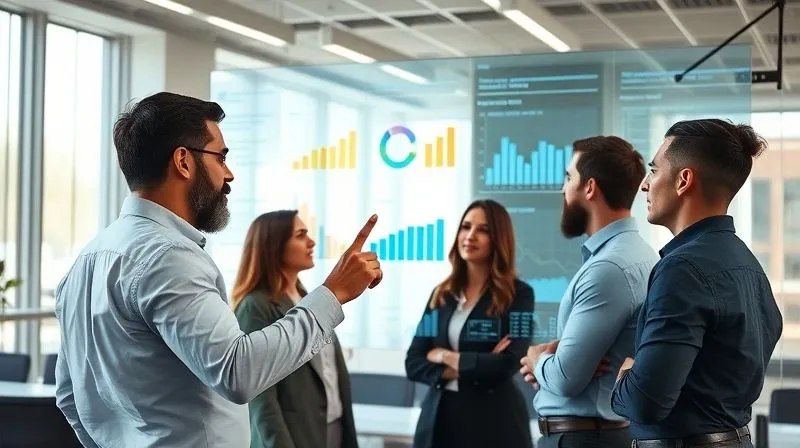 A photorealistic image of a diverse group of business professionals in a modern office, actively analyzing data on a large transparent screen, with various charts, graphs, and KPIs displayed. One person is pointing to a baseline data point. Professional photography, 8K, cinematic lighting, sharp focus, depth of field, shot on a high-end DSLR. A photorealistic image of a diverse group of business professionals in a modern office, actively analyzing data on a large transparent screen, with various charts, graphs, and KPIs displayed. One person is pointing to a baseline data point. Professional photography, 8K, cinematic lighting, sharp focus, depth of field, shot on a high-end DSLR.