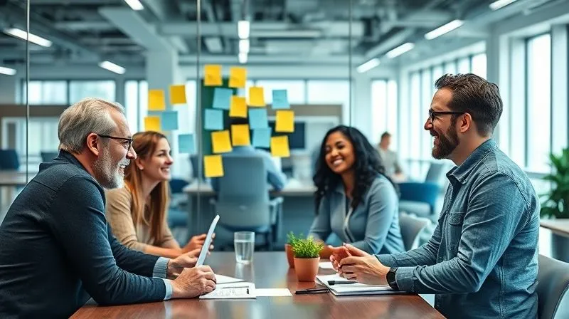 A photorealistic image depicting a vibrant and engaged team collaborating effectively in a modern, open-plan office. People are smiling, brainstorming with sticky notes on a glass wall, and having animated discussions. The atmosphere is positive and energetic, suggesting high morale and strong teamwork. Professional photography, 8K, cinematic lighting, sharp focus, depth of field, shot on a high-end DSLR. A photorealistic image depicting a vibrant and engaged team collaborating effectively in a modern, open-plan office. People are smiling, brainstorming with sticky notes on a glass wall, and having animated discussions. The atmosphere is positive and energetic, suggesting high morale and strong teamwork. Professional photography, 8K, cinematic lighting, sharp focus, depth of field, shot on a high-end DSLR.