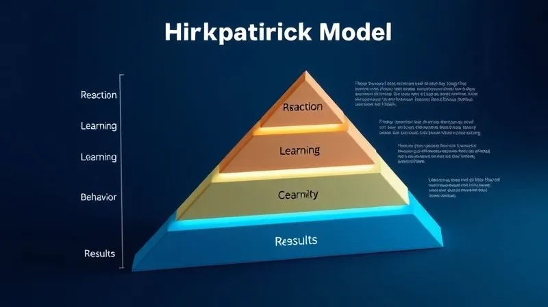 A photorealistic 3D infographic representing the Kirkpatrick Model for training evaluation. Four distinct, ascending levels are clearly visible: Reaction, Learning, Behavior, and Results, each with associated icons or brief descriptions. The design should be clean, modern, and professional, with a subtle glow around the 'Results' level, emphasizing its importance. Professional photography, 8K, cinematic lighting, sharp focus, depth of field, shot on a high-end DSLR. A photorealistic 3D infographic representing the Kirkpatrick Model for training evaluation. Four distinct, ascending levels are clearly visible: Reaction, Learning, Behavior, and Results, each with associated icons or brief descriptions. The design should be clean, modern, and professional, with a subtle glow around the 'Results' level, emphasizing its importance. Professional photography, 8K, cinematic lighting, sharp focus, depth of field, shot on a high-end DSLR.