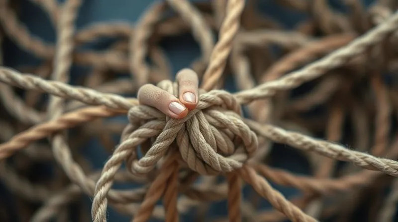 A photorealistic image of a complex, tangled knot of ropes, with a single, determined hand carefully working to untangle a specific strand. The background is slightly blurred, suggesting a challenging but solvable problem. The lighting is focused on the knot and hand, creating a sense of concentration and effort. Professional photography, 8K, cinematic lighting, sharp focus, depth of field, shot on a high-end DSLR. A photorealistic image of a complex, tangled knot of ropes, with a single, determined hand carefully working to untangle a specific strand. The background is slightly blurred, suggesting a challenging but solvable problem. The lighting is focused on the knot and hand, creating a sense of concentration and effort. Professional photography, 8K, cinematic lighting, sharp focus, depth of field, shot on a high-end DSLR.