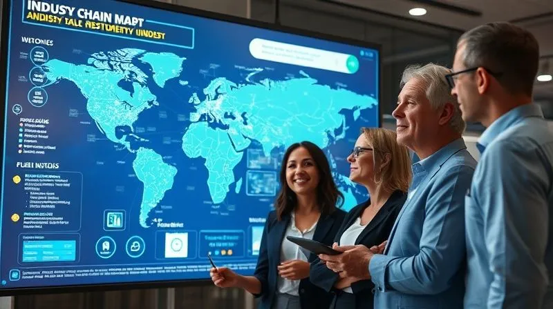 A photorealistic image of a professional, diverse team of consultants collaboratively analyzing a large, interactive digital display showing a detailed industry value chain map with various interconnected nodes and data points. The screen glows with strategic insights, showing supply chains, distribution networks, and customer touchpoints. Cinematic lighting highlights their focused expressions, sharp focus on the display and team, depth of field blurring the background, 8K hyper-detailed, professional photography, shot on a high-end DSLR. A photorealistic image of a professional, diverse team of consultants collaboratively analyzing a large, interactive digital display showing a detailed industry value chain map with various interconnected nodes and data points. The screen glows with strategic insights, showing supply chains, distribution networks, and customer touchpoints. Cinematic lighting highlights their focused expressions, sharp focus on the display and team, depth of field blurring the background, 8K hyper-detailed, professional photography, shot on a high-end DSLR.