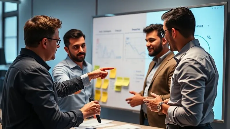 A photorealistic, professional photography image of a diverse group of consultants and client stakeholders engaged in a dynamic feedback session. They are gathered around a whiteboard or large screen, with sticky notes and diagrams illustrating a feedback loop. One consultant is pointing to a specific data point, soliciting input. The atmosphere is collaborative and constructive. Cinematic lighting, sharp focus on the group interaction, depth of field, 8K hyper-detailed, shot on a high-end DSLR. A photorealistic, professional photography image of a diverse group of consultants and client stakeholders engaged in a dynamic feedback session. They are gathered around a whiteboard or large screen, with sticky notes and diagrams illustrating a feedback loop. One consultant is pointing to a specific data point, soliciting input. The atmosphere is collaborative and constructive. Cinematic lighting, sharp focus on the group interaction, depth of field, 8K hyper-detailed, shot on a high-end DSLR.