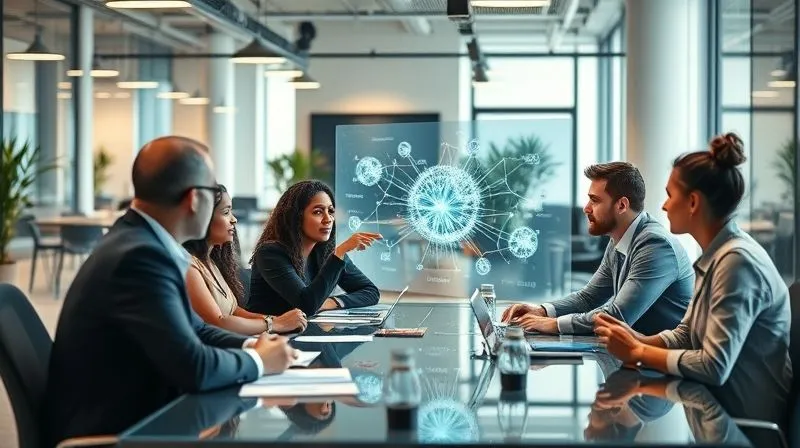 A photorealistic image of a vibrant, modern office space where diverse professionals are actively engaged in knowledge sharing. One person is presenting a complex concept on a holographic screen, while others are collaborating, brainstorming, and taking notes. The scene embodies a culture of continuous learning and open communication, with a subtle glow of shared insights. Cinematic lighting, sharp focus on the collaborative activity, depth of field, 8K hyper-detailed, professional photography, shot on a high-end DSLR. A photorealistic image of a vibrant, modern office space where diverse professionals are actively engaged in knowledge sharing. One person is presenting a complex concept on a holographic screen, while others are collaborating, brainstorming, and taking notes. The scene embodies a culture of continuous learning and open communication, with a subtle glow of shared insights. Cinematic lighting, sharp focus on the collaborative activity, depth of field, 8K hyper-detailed, professional photography, shot on a high-end DSLR.