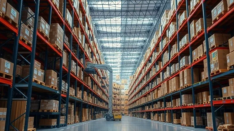 photorealistic, professional photography, 8K, cinematic lighting, sharp focus, depth of field, shot on a high-end DSLR. A vast, modern automated warehouse with robots efficiently moving and reorganizing inventory. The scene shows specific sections being cleared out or repurposed, with a dynamic, almost fluid movement of goods, conveying rapid adjustment and smart inventory management in response to reduced demand.