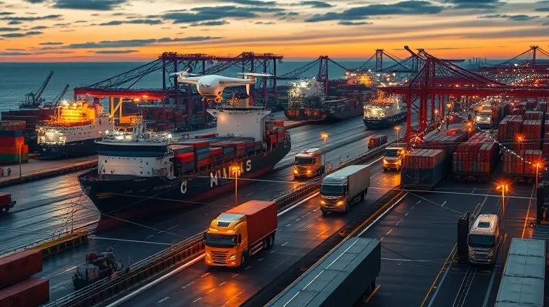 photorealistic, professional photography, 8K, cinematic lighting, sharp focus, depth of field, shot on a high-end DSLR. A futuristic, multi-modal logistics hub at dusk, showing cargo ships, autonomous trucks, and drones seamlessly interacting. The network is vibrant and interconnected, with data streams visible as subtle glowing lines, symbolizing a highly diversified and resilient global supply chain. The overall feeling is one of efficient, adaptive movement.