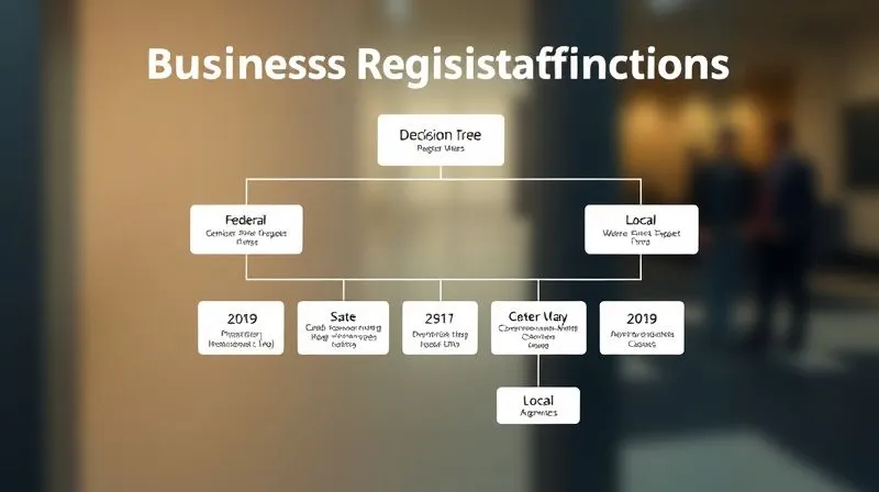 A photorealistic infographic showing a decision tree flowchart for business registration error identification, with branches for 'Federal', 'State', and 'Local' agencies, using clear icons and a professional, clean design. Professional photography, 8K, cinematic lighting, sharp focus, depth of field, shot on a high-end DSLR. A photorealistic infographic showing a decision tree flowchart for business registration error identification, with branches for 'Federal', 'State', and 'Local' agencies, using clear icons and a professional, clean design. Professional photography, 8K, cinematic lighting, sharp focus, depth of field, shot on a high-end DSLR.