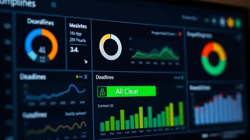 A photorealistic image of a clean, modern digital dashboard displaying various business compliance metrics, deadlines, and a green 'All Clear' status, with a stylized 'fix error' button. The interface is intuitive and professional. Professional photography, 8K, cinematic lighting, sharp focus, depth of field, shot on a high-end DSLR. A photorealistic image of a clean, modern digital dashboard displaying various business compliance metrics, deadlines, and a green 'All Clear' status, with a stylized 'fix error' button. The interface is intuitive and professional. Professional photography, 8K, cinematic lighting, sharp focus, depth of field, shot on a high-end DSLR.