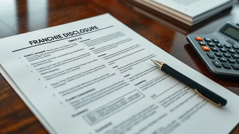 A close-up, photorealistic image of an open Franchise Disclosure Document (FDD) on a polished wooden desk, with a pen and a calculator beside it. Key sections like 'Item 19' and 'Litigation History' are subtly highlighted. Cinematic lighting, sharp focus on the document, depth of field blurring the background, 8K hyper-detailed, conveying serious legal and financial review.