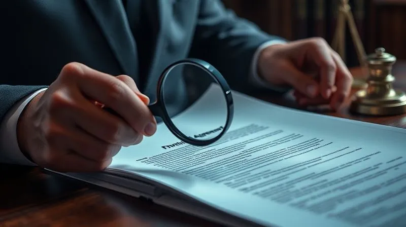 A photorealistic, professional photography, 8K, cinematic lighting, sharp focus, depth of field, shot on a high-end DSLR, of hands meticulously reviewing a thick legal document with a magnifying glass. The document is titled 'Franchise Agreement', and specific clauses are highlighted. The setting is a sophisticated law office, conveying precision and expertise.