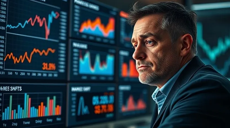 A photorealistic image of a business owner looking at a dashboard with various graphs showing market share shifts, a concerned but determined expression, cinematic lighting, 8K hyper-detailed, shot on a high-end DSLR.