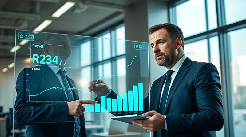 A photorealistic shot of two business people intensely analyzing data on a large transparent screen, one pointing at a growth curve, both with determined expressions, modern office setting, 8K, cinematic lighting, shot on a high-end DSLR.