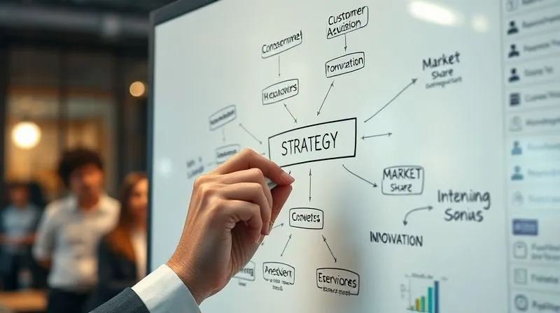 A photorealistic image of a hand drawing a complex strategy map on a whiteboard, connecting various elements like 'customer acquisition', 'product innovation', and 'market share growth', with a blurred background of a focused team, 8K, cinematic lighting, shot on a high-end DSLR.