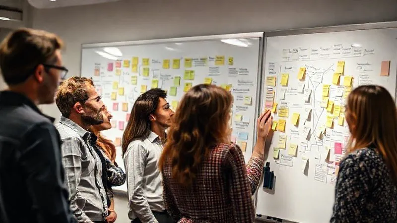 A photorealistic image showing a diverse group of professionals intensely focused on a whiteboard filled with sticky notes and flowcharts, symbolizing collaborative problem identification and lean experimentation. There's a sense of energy and rapid ideation. Professional photography, 8K, cinematic lighting, sharp focus on the whiteboard, depth of field blurring the background, shot on a high-end DSLR.