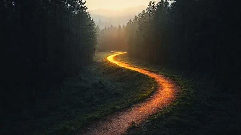 A photorealistic depiction of a winding, illuminated path cutting through a dense, dark forest, symbolizing navigating obstacles and maintaining a clear vision during disruptive implementation. The path is sharply lit, leading towards a bright horizon, with the forest edges subtly blurred. Professional photography, 8K, cinematic lighting, sharp focus on the path, depth of field blurring the trees, shot on a high-end DSLR.